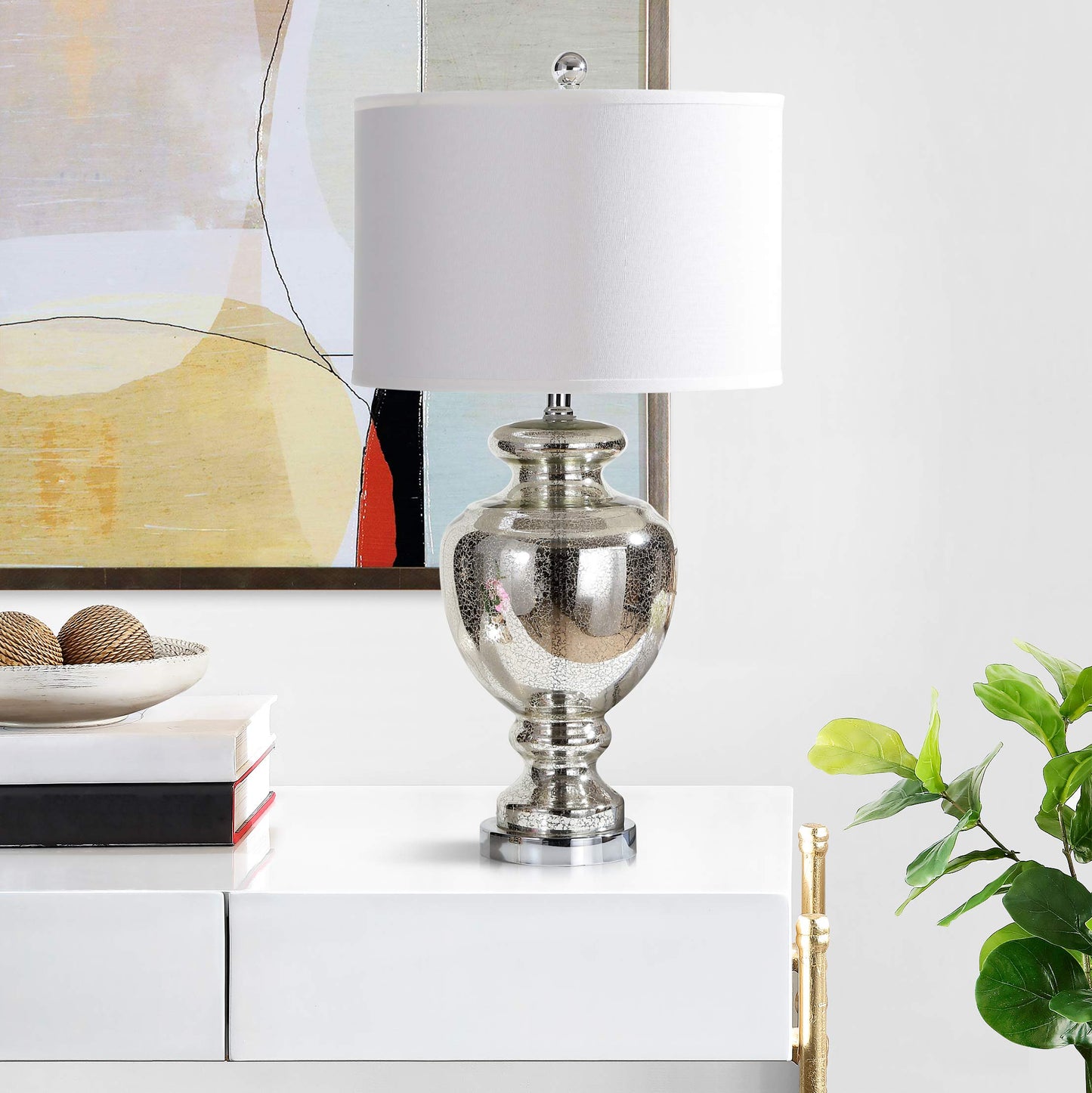 SAFAVIEH Lighting Collection Morocco Mercury Silver Crackle Glass 28-inch Bedroom Living Room Home Office Desk Nightstand Table Lamp (LED Bulbs Included)