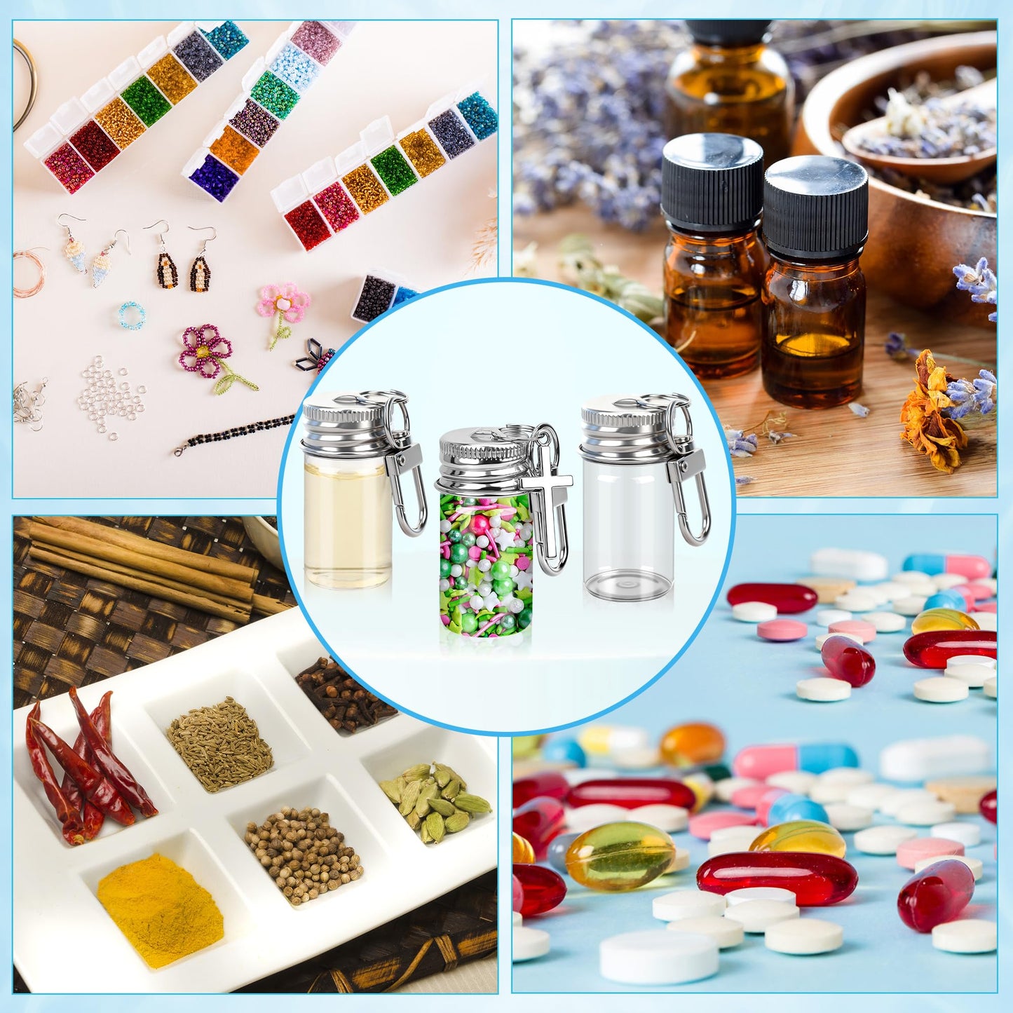 35 Pcs 7ml Small Glass Bottle Keychain Bulk with Leather Keyring Black Sticker, Mini Seasoning Bottles Metal Lid Tiny Glass Message Potion Bottles for DIY Wish Jars, Home & Travel Gifts