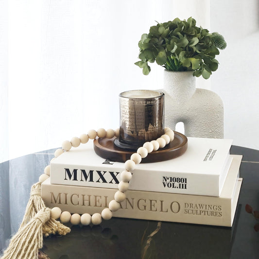 Chicooan 4-in-1 Decorative Books Set, Coffee Table Books Decor, 2 Linen Fake Book Boxes with Wood Tray, Bead Garland for Decoration, Bookshelf Boho Neutral Aesthetic Decor