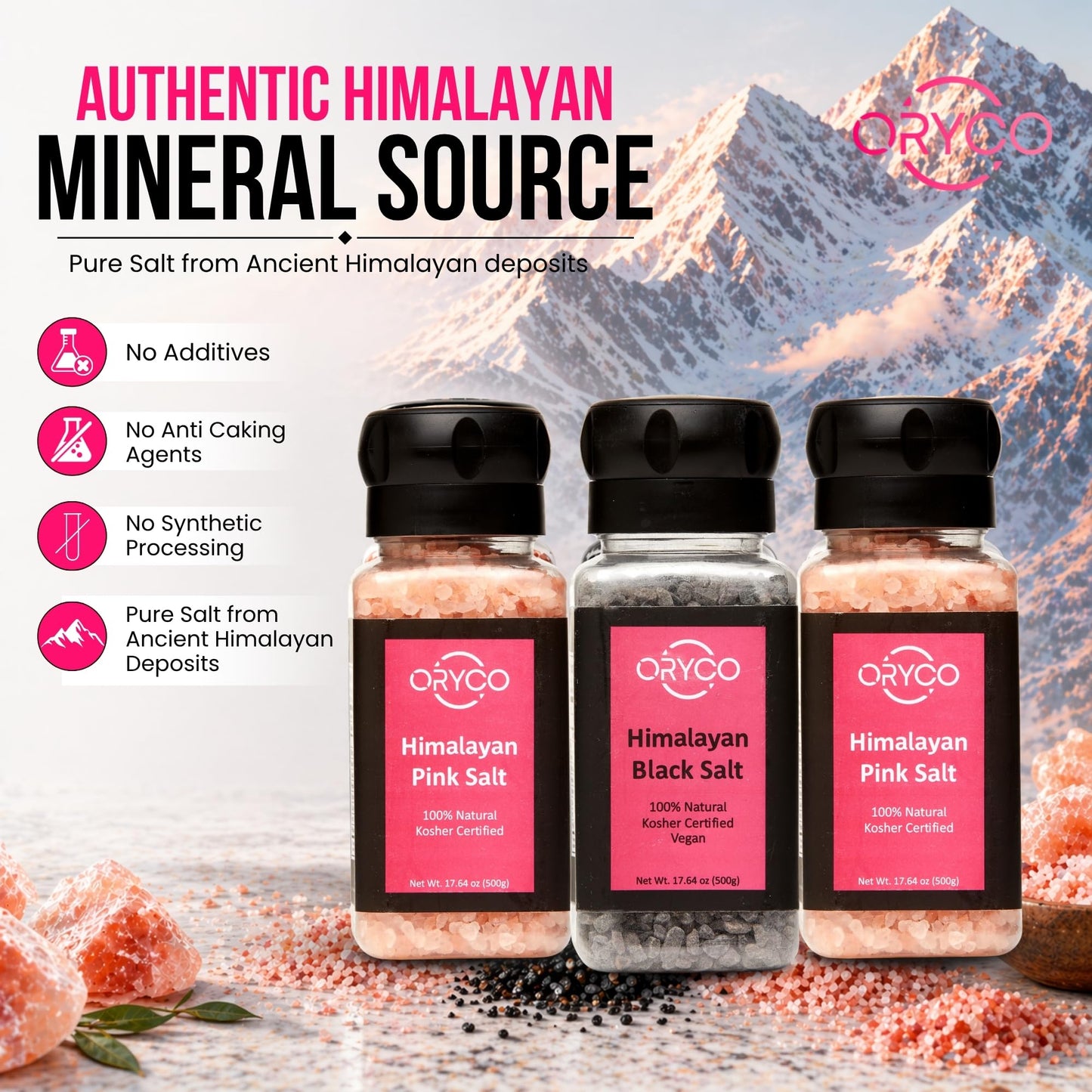 Oryco Himalayan Salt Grinder Set 3 Pack (2 Pink + 1 Black Kala Namak, 500g Each) – Refillable Grinders, 100% Natural, Kosher, Non-GMO, Coarse Salt for Cooking, Vegan & Seasoning