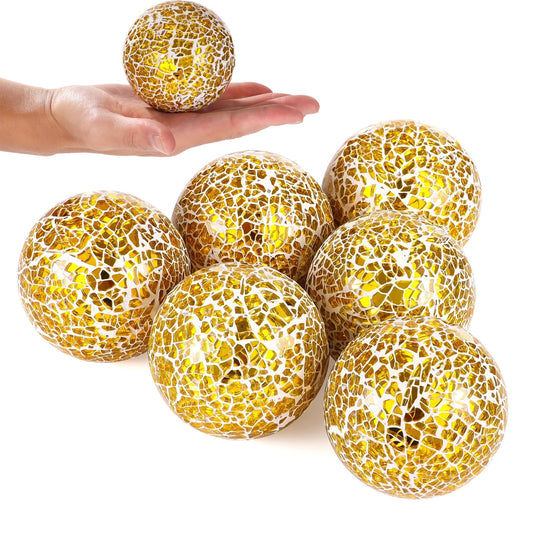 Calolin 6 PCS Golden Mosaic Glass Balls, 3.1 in Decorative Orbs Sphere Balls for Bowls, Vases, Table Centerpieces, Shiny Mosaic Decorative Balls for Living Room, Dining Table, Party Home Decor