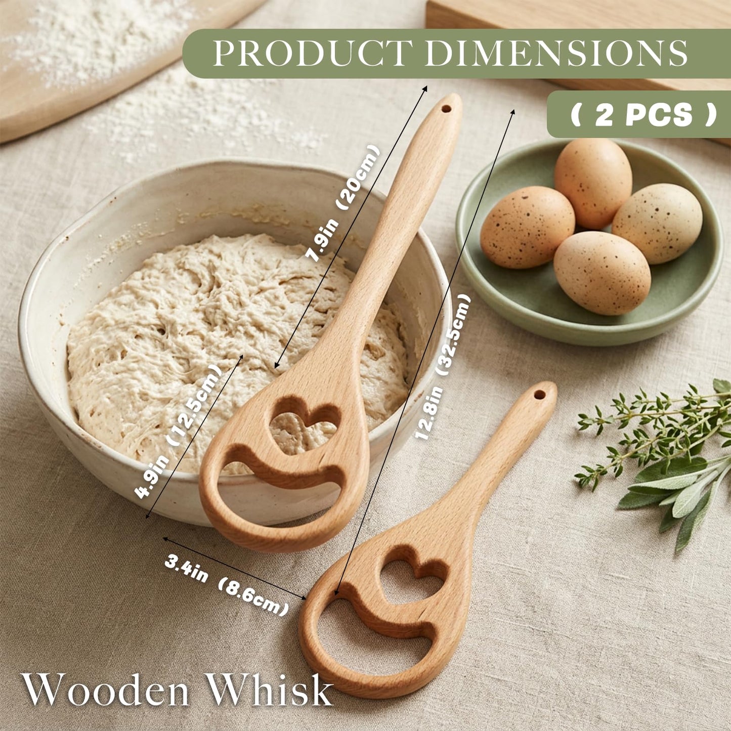 2 Pcs 12.8" Heart Wooden Danish Dough Whisk 2 Hole Sourdough Bread Mixing Supplies Personalized Dutch Whisk for Pizza Pastry Cake Egg Batter Baking, Flow-Through Design a gift for baking enthusiasts