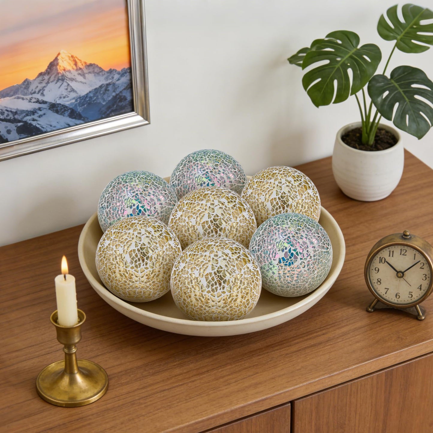 Folmywy 6 Pcs Silver Decorative Ball for Bowls 3.35inch Mosaic Glass Sphere