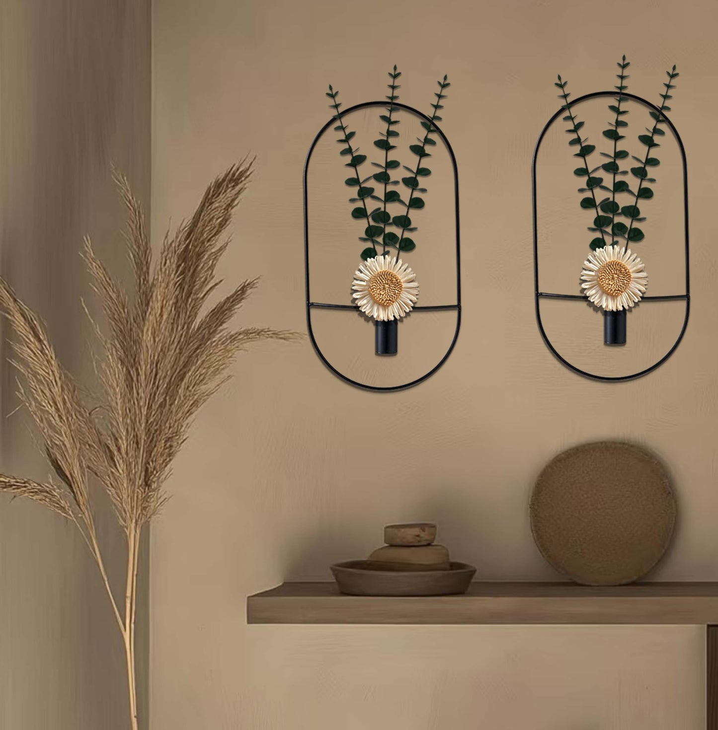 2 Pack Black Metal Wall Hanging Vase with Artificial Plants, Metal Plants Decor for Living Room, Bedroom, Bathroom, Dining Room, Fake Faux Plant Display
