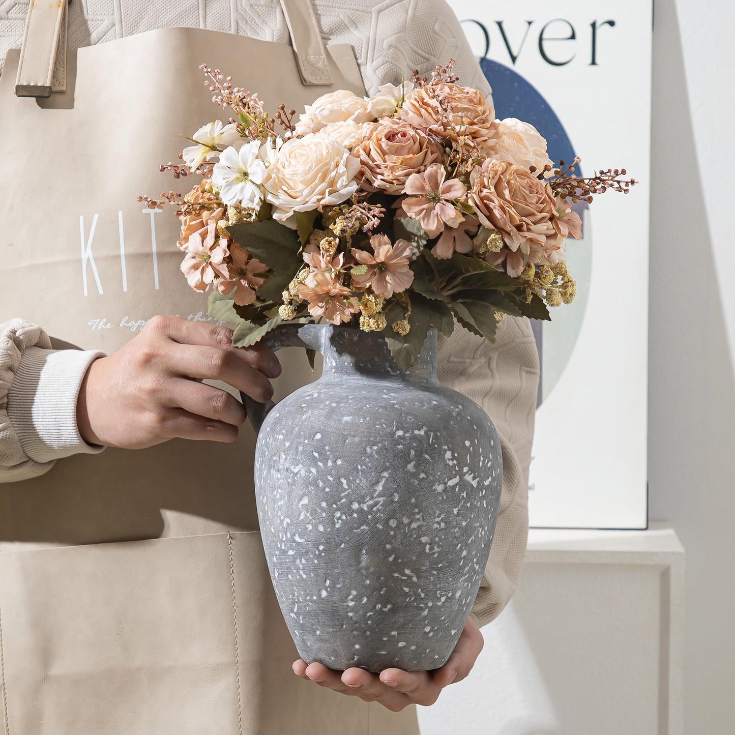 Ceramic Decorative Flower Vase with Handle, 8.85 Inch Pottery Rustic Farmhouse Vase for Home Decor, Living Room, Shelf Decor, Wedding, Housewarming Gift