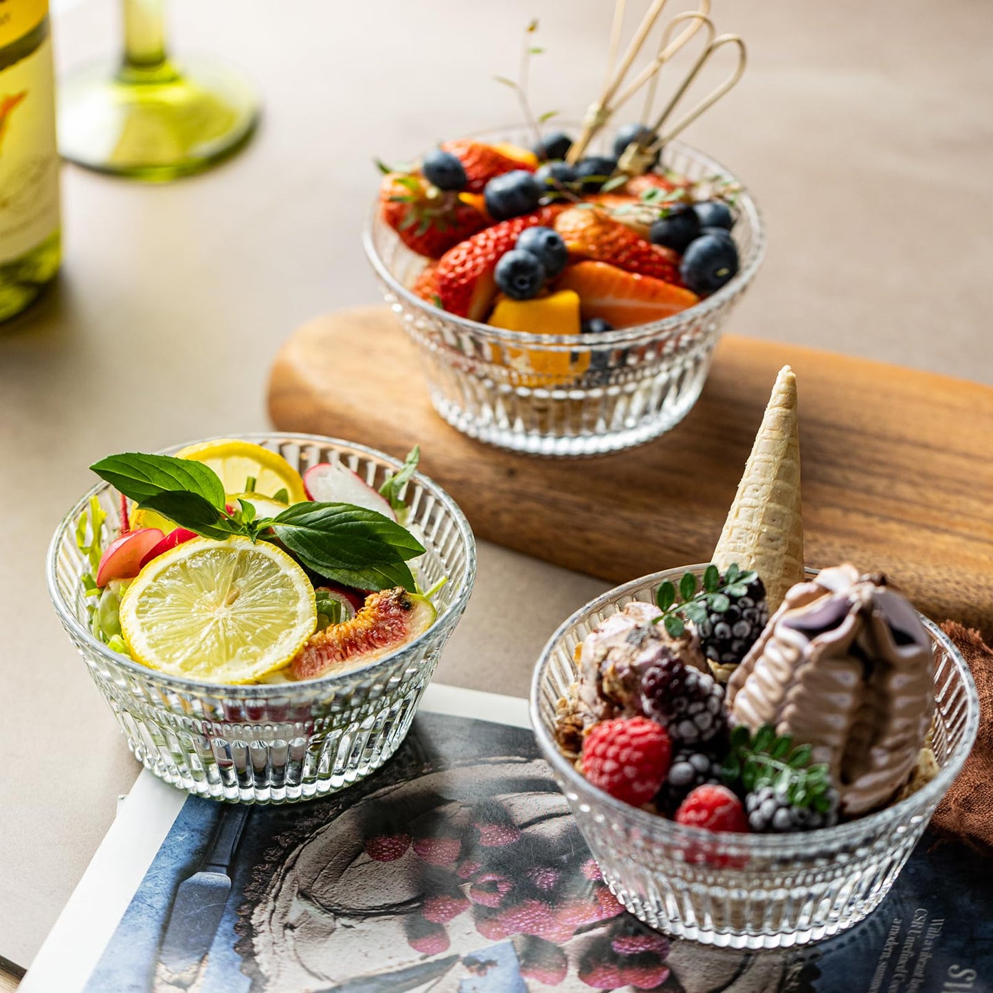 JGKYLDZ Vintage Glass Dessert Bowls, 11oz Sundae ice cream Bowl, Thickened Lead-Free Glass Bowls for Ice Cream, Fruit, Yogurt, Oat, Pudding, Appetizers & Party Snacks (4)