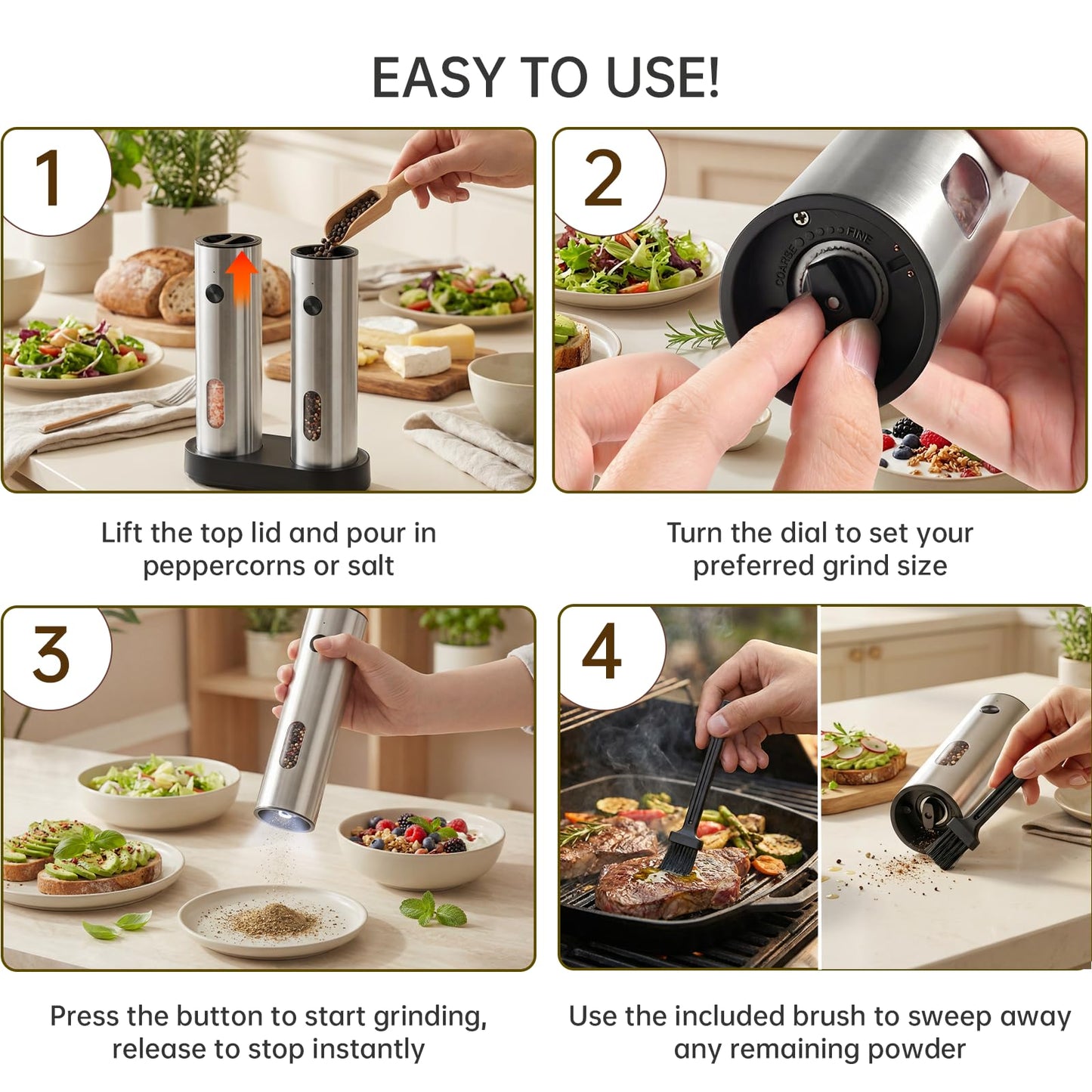 Electric Salt and Pepper Grinder Set, Pepper and Salt Shakers, Auto Pepper Mill with Rechargeable Base/Led Light/Adjustable Coarseness, Kitchen Essentials Ideal for Daily Use & New Home Gift