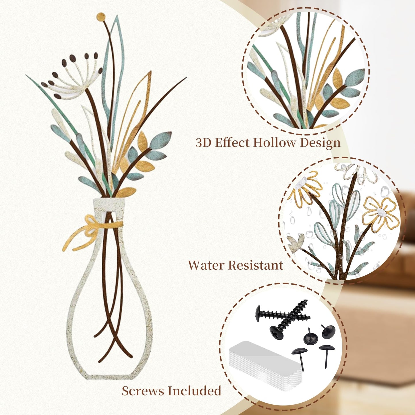 BoAn 3 Pieces Metal Flower Wall Art – Rustic Farmhouse & Boho Floral Wall Decor for Living Room, Bedroom, Bathroom – Durable Pre-Drilled Home Decorationss, Housewarming Gift
