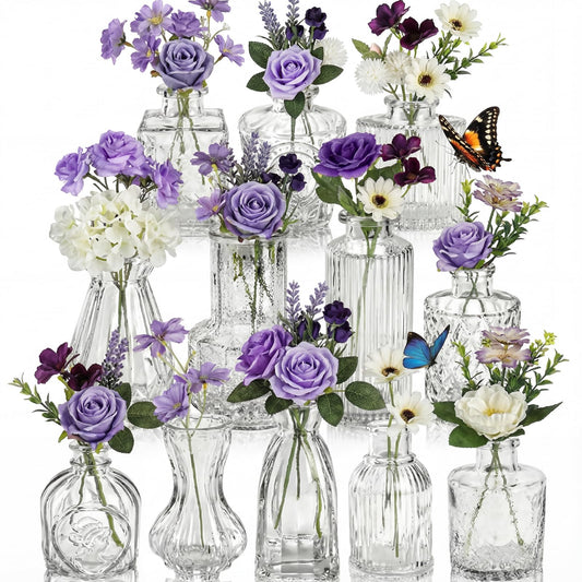 Ferrochef 36 Pcs Artificial Flowers Table Centerpiece with Vases Colorful Wildflower Centerpieces Silk Flower Arrangement for Wedding Baby Shower Table Centerpieces Party(Purple Series,Clear)