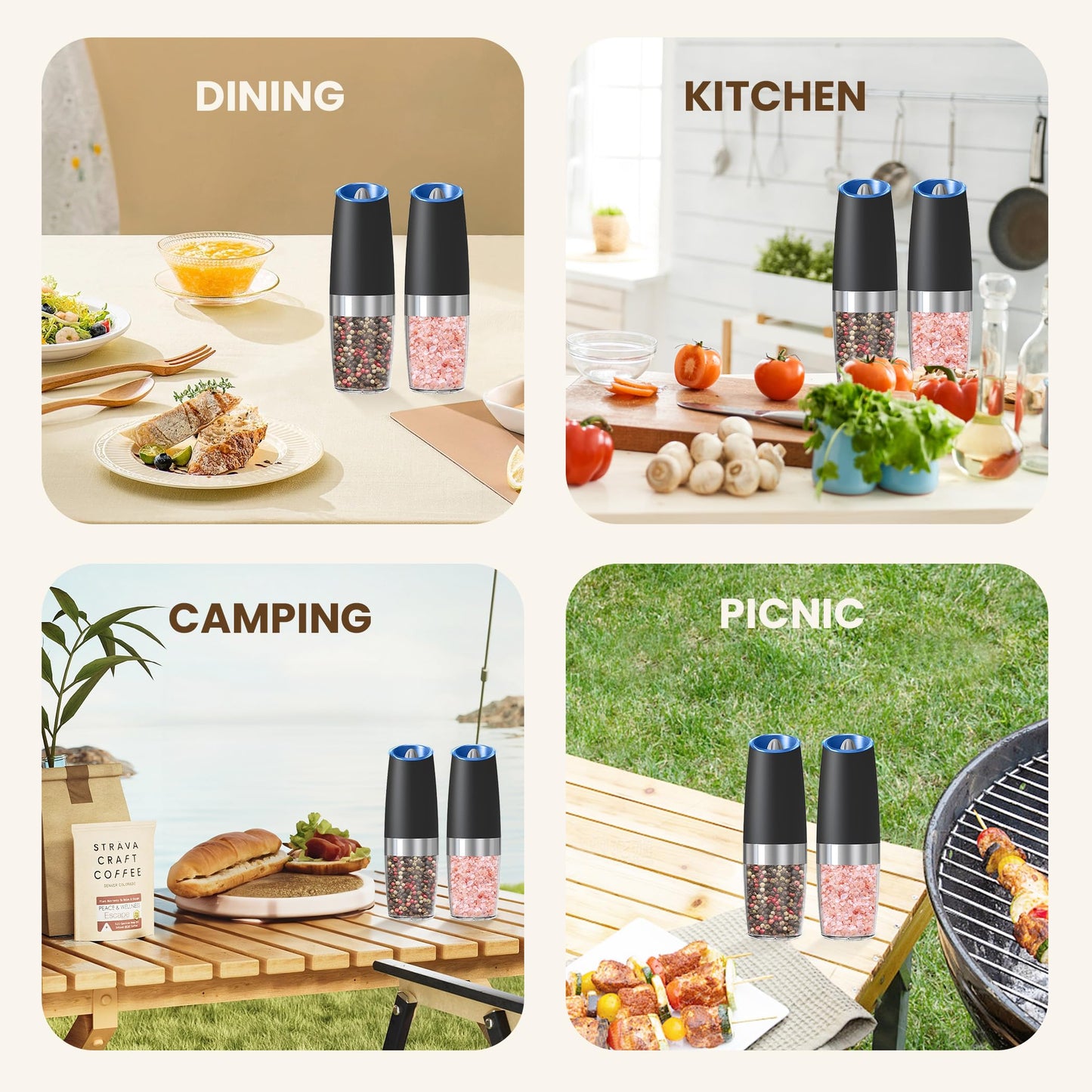 KIARYUOLL Gravity Electric Salt And Pepper Grinder Set, Automatic Salt And Pepper Grinder Set, Battery Powered (6 AAA Batteries Each), Adjustable Roughness, LED Light, 2 Pack, (Black)
