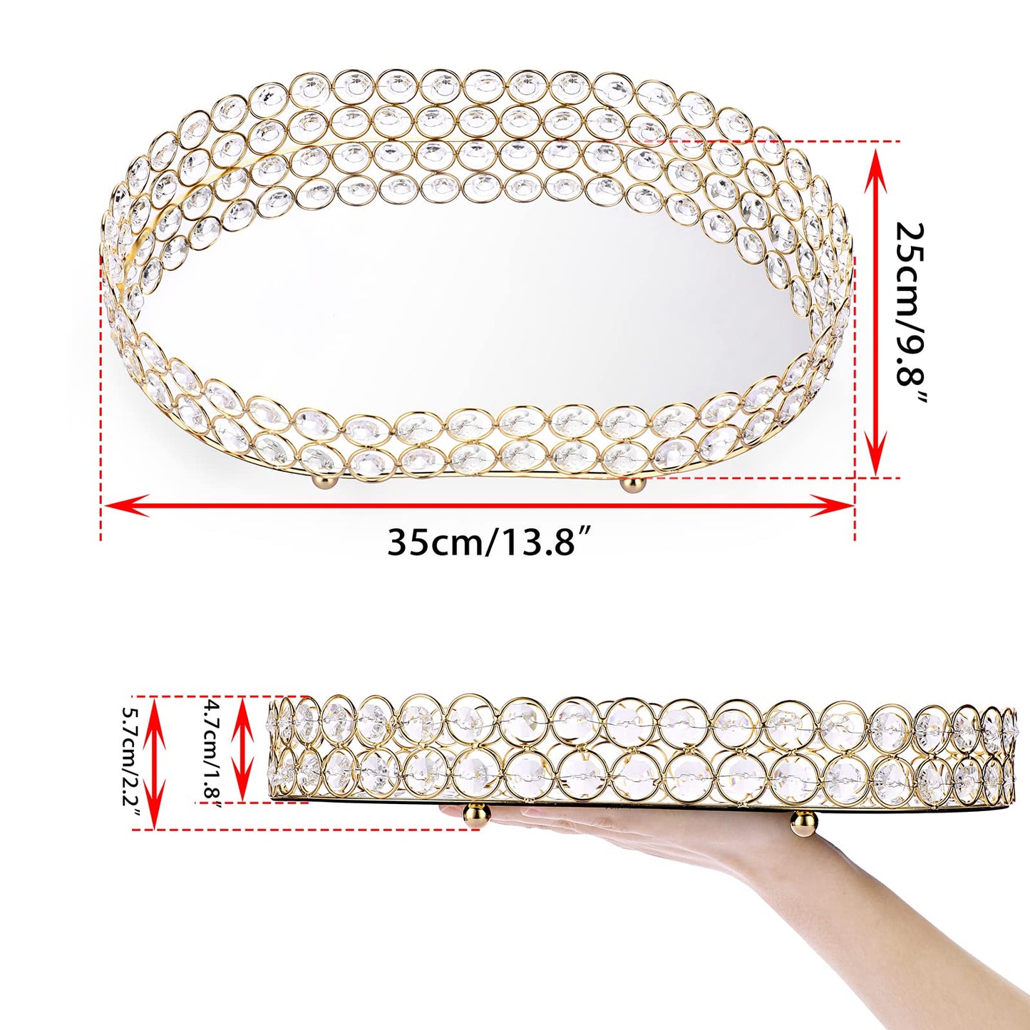 Hipiwe Crystal Vanity Tray Mirrored Dresser Perfume Trays for Makeup Tray Cosmetic Skin Care Storage, Jewelry Trinket Organizer Tray for Bathroom Countertop Home Decor (Large, Gold)