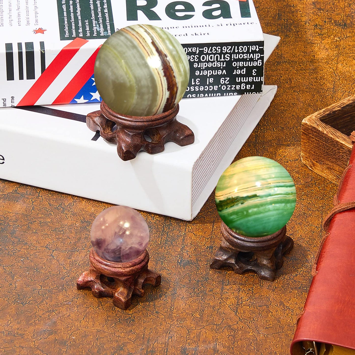 Taiyin 9 Pieces Wooden Sphere Stands for Display Mini Crystal Ball Holder Stone Rock - 3 Sizes: 0.79, 1.18, 1.57 Inch for Globe Gemstone Home Decor
