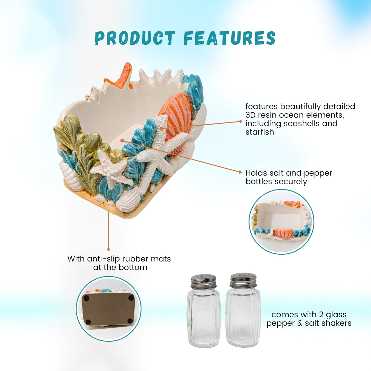 Seaside Splendor Salt and Pepper Shakers Set – Coastal Beach-Themed 3D Resin Design with Seashells & Starfish, Nautical Decor for Kitchens, Dining Rooms, and Beach Houses, Includes 2 Bottles