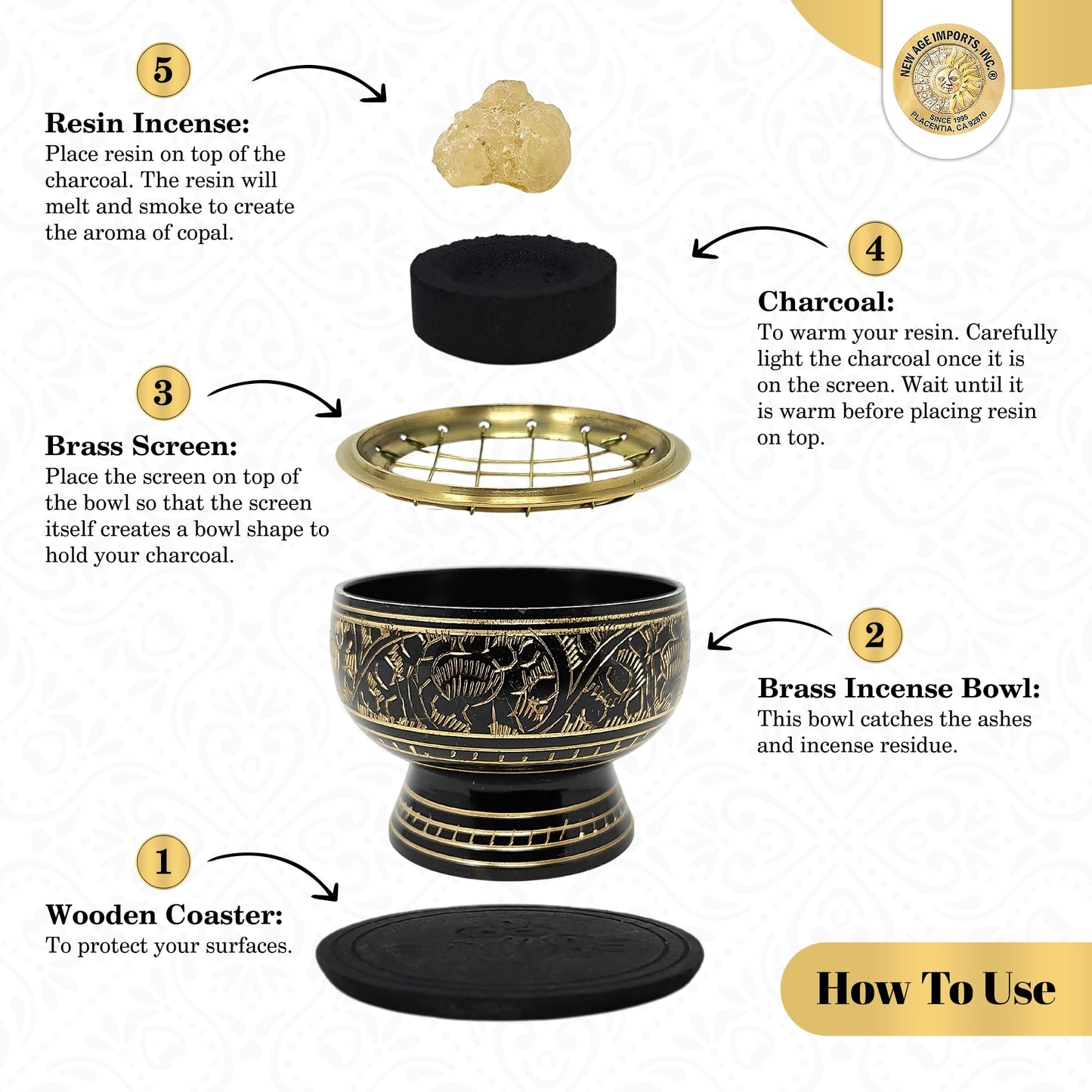New Age Imports, Inc. India Small Decorated Brass Charcoal Screen Incense Burner with Wooden Coaster
