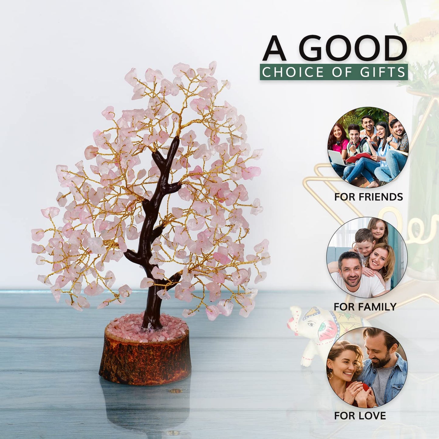 NARIBABU Rose Quartz Crystal Tree with Golden Wire – 10-12 Inch Gemstone Tree on Wooden Base – Gifts for Her, Crystal Decor, Spiritual Gift, Birthday Gift for Women, Healing Trees for Home