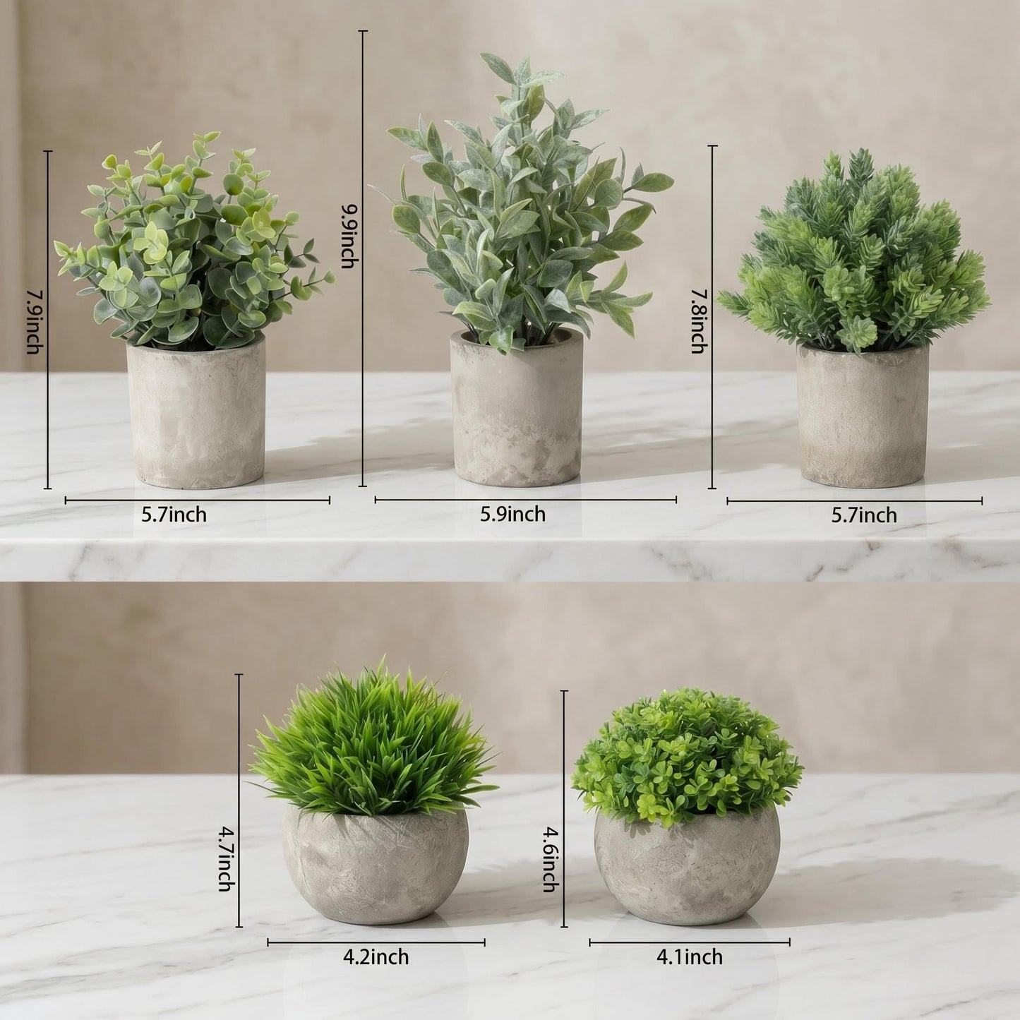 5 Pack Small Fake Potted Plants with Cement Pots - Realistic Faux Greenery Set, No Watering Low Maintenance, UV Resistant Artificial Plants for Shelf Office Bathroom Desk Decor, Indoor & Outdoor