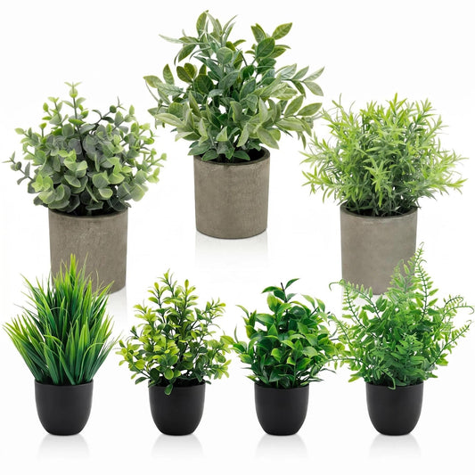 AUUGUU Artificial Potted Plants Faux Greenery in Cement Pots for Shelf, Bookshelf, Office or Home Decor, Small Decorative Fake Plants for Modern Indoor Display