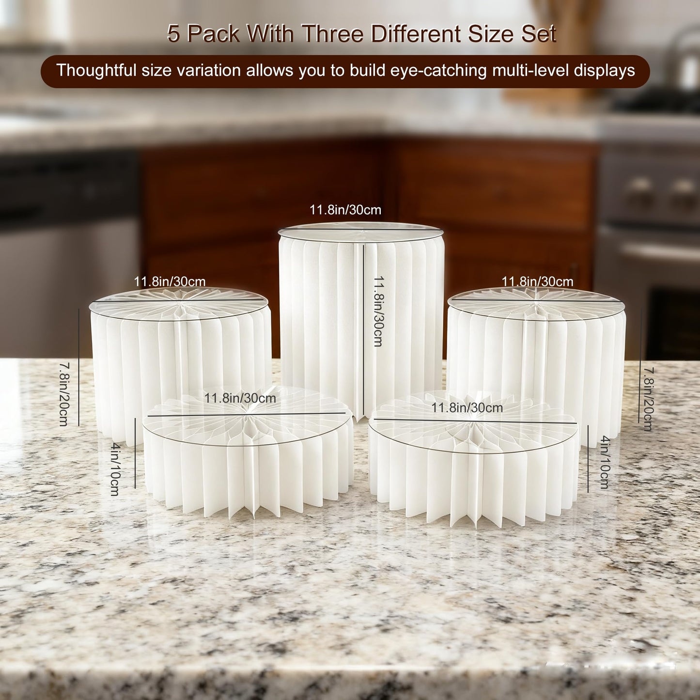 DaJi-U 5 Pcs Buffet Risers Food Display Risers for Party Buffet Table, Dessert Table Display Set Cake and Cupcake Stand Combo, Riser Display Stand for Dessert Food Jewelry, White, 4"/8"/12" H