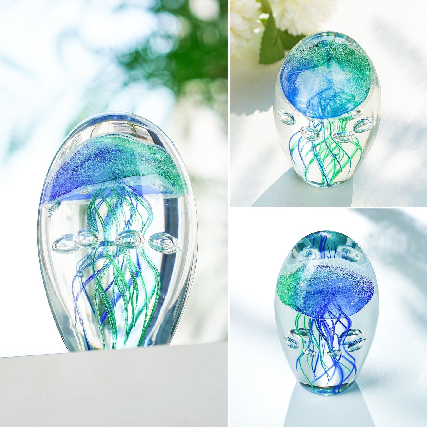 QFkris Hand Blown Glass Jellyfish Paperweight, 3.8" Jellyfish in Glass Decoration, Jelly Fish Figurine Art Decor, for Women