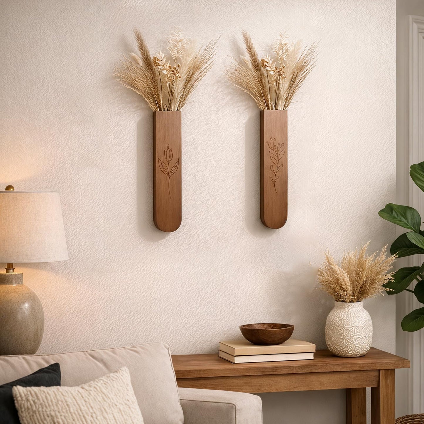Wood Wall Vase Set of 2, 11.6 x 2.52 x 1.37 inch for Dried Flowers and Faux Greenery Plants for Bathroom,Kitchen,Farmhouse,Dining Room Wall Decor （Brown