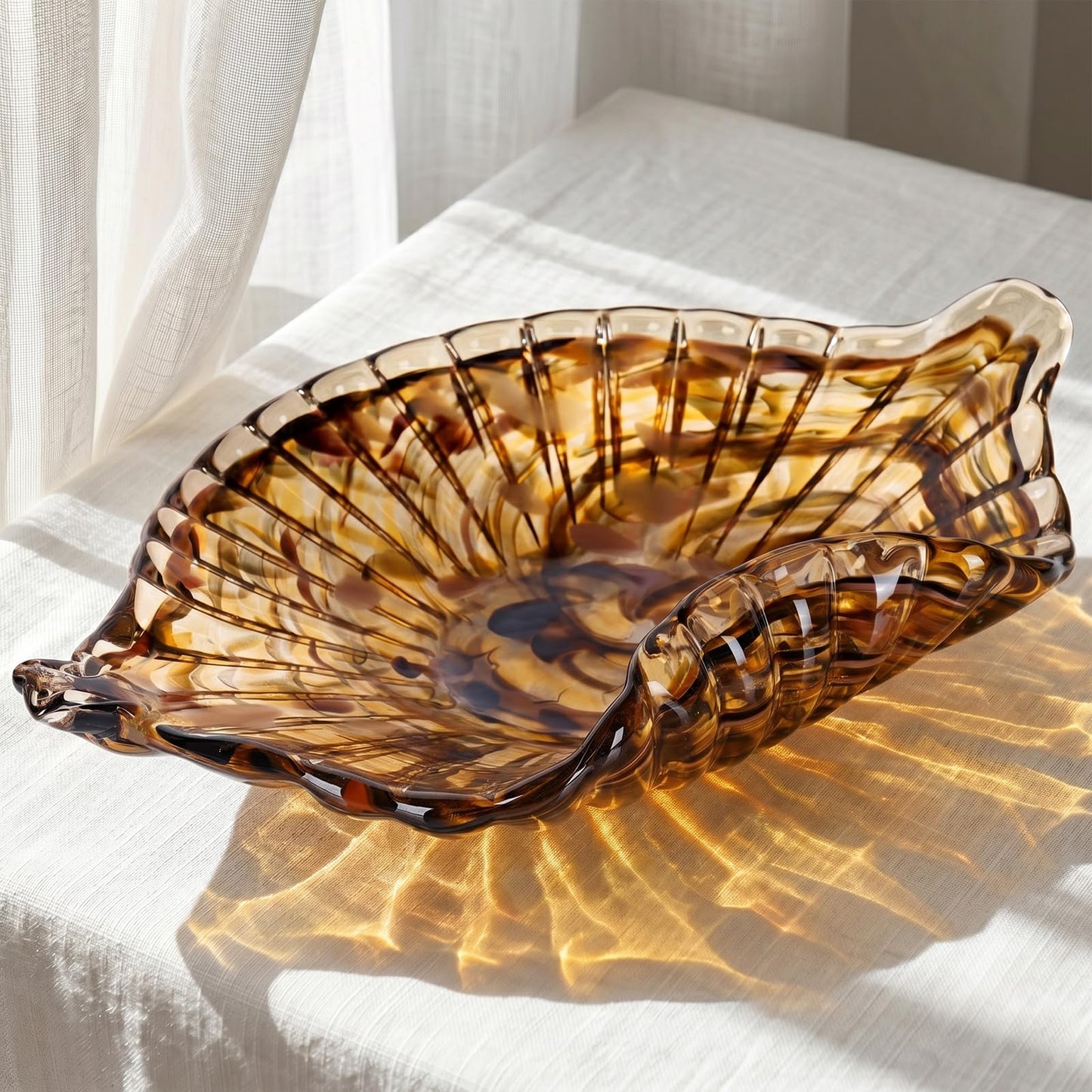 LCCCK Large Hand Blown Glass Seashell Bowl, Pretty Leaf Display Candy Dish, Coastal Decorative Bowls for Home Decor, Unique Blown Glass Art for Kitchen Counter Fruit ou Office Candy Dish