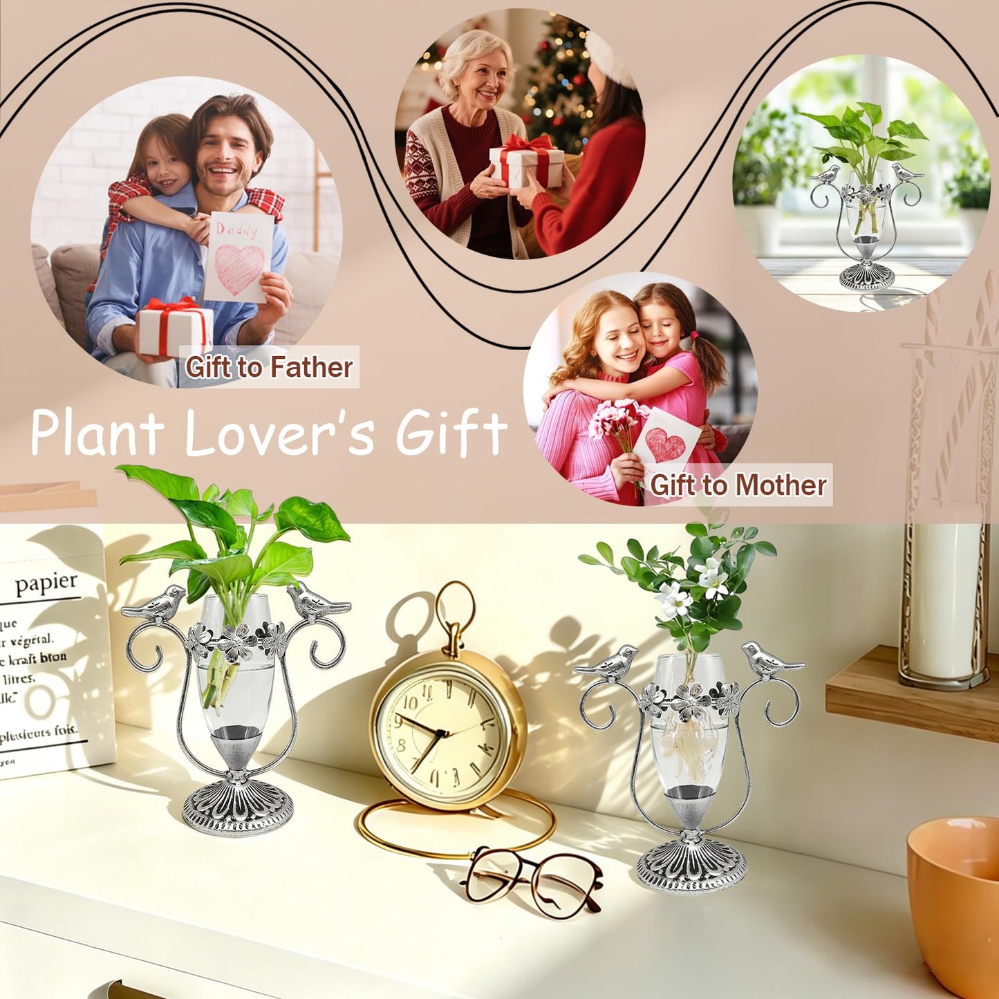 POXOHO Vintage Plant Propagation Station, Hummingbird Metal Glass Plant Terrarium Stand, Office Desk Room Unique Flower Vase, Plant Lovers Gift Ideas for Women, Men (Silver)