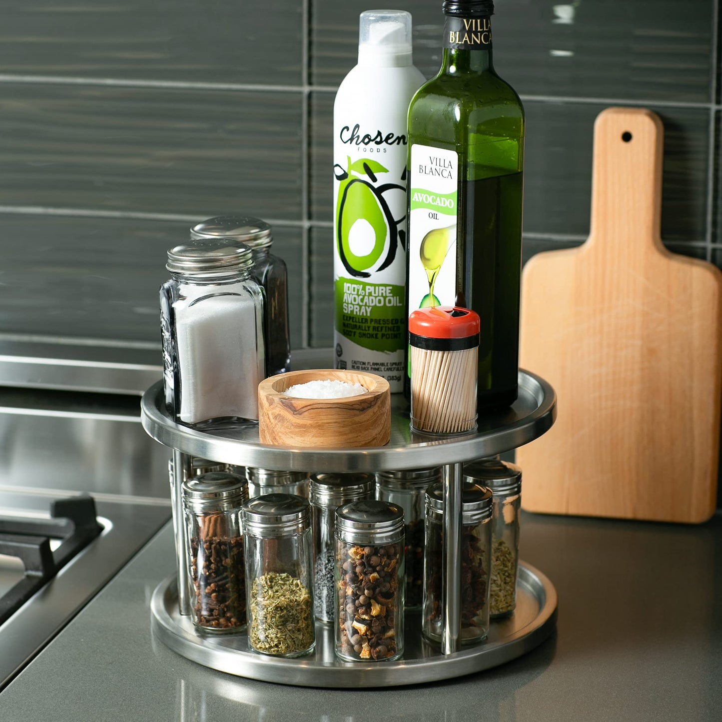 RSVP International Two-Tier Turntable Lazy Susan | Handy in Cabinet, Refrigerators & Counters | Organize Spices, Canned Foods, Pots, Pans, Dinnerware, 10.5" x 6", Stainless Steel