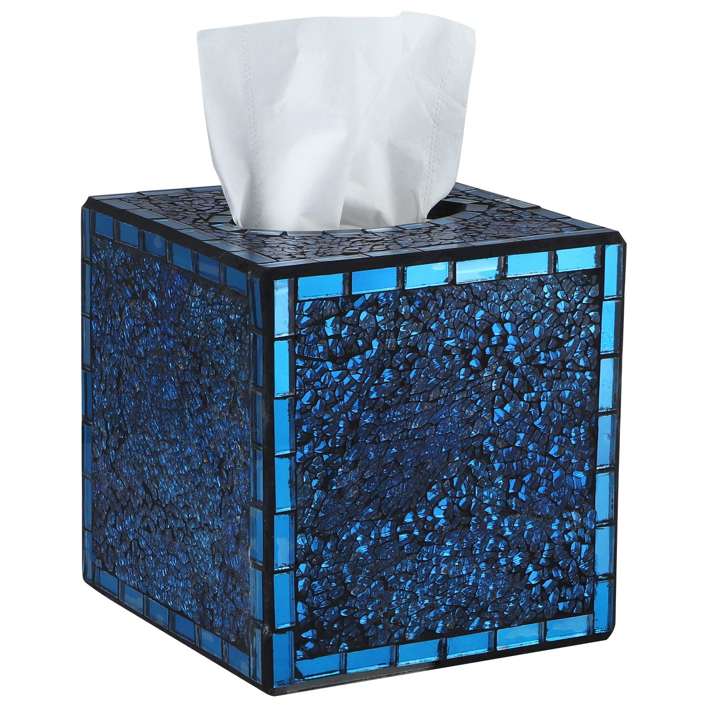 MDLUU Mosaic Glass Tissue Box Holder, Decorative Tissue Box Cover, Square Tissue Dispenser for Bathroom, Bedroom, Living Room (Navy Blue)