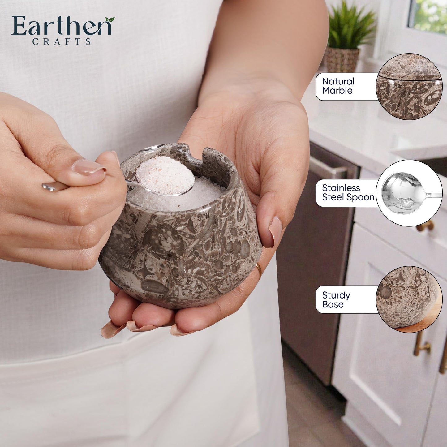 EARTHEN CRAFTS Marble Salt Cellar with Lid and Spoon 3" Inches Oceanic Salt Box, Natural Stone Salt Holder for Kitchen Counter, Sugar Container, 3 OZ Capacity
