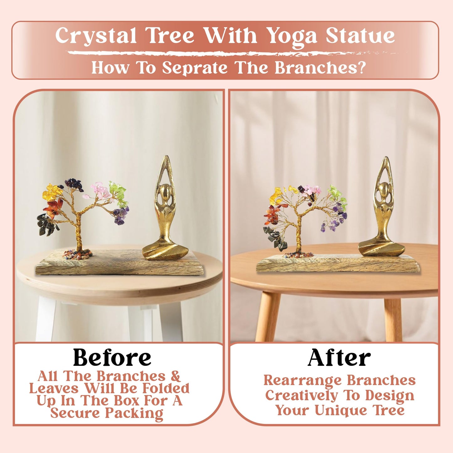 HOME INFINIX Crystal Tree of Life 7 Chakra Healing Crystal Trees with Golden Yoga Figurine & Natural Wooden Base Handmade Gemstone Bonsai Feng Shui for Positive Energy, Meditation & Home Décor Gifts