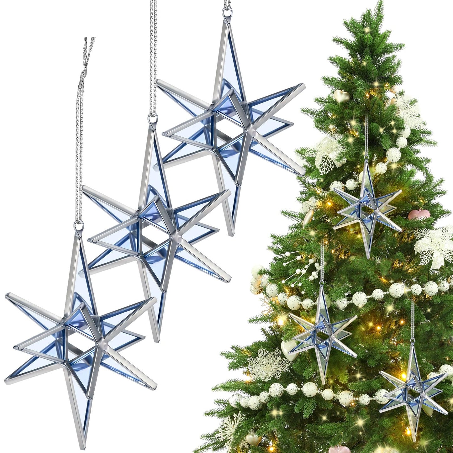 Leinuosen 6 Pcs Christmas Bethlehem Star Ornament for Christmas Tree 3.14 Inch Stained Glass Hanging Decoration 3D Xmas Tree Ornaments Home Decor Gift
