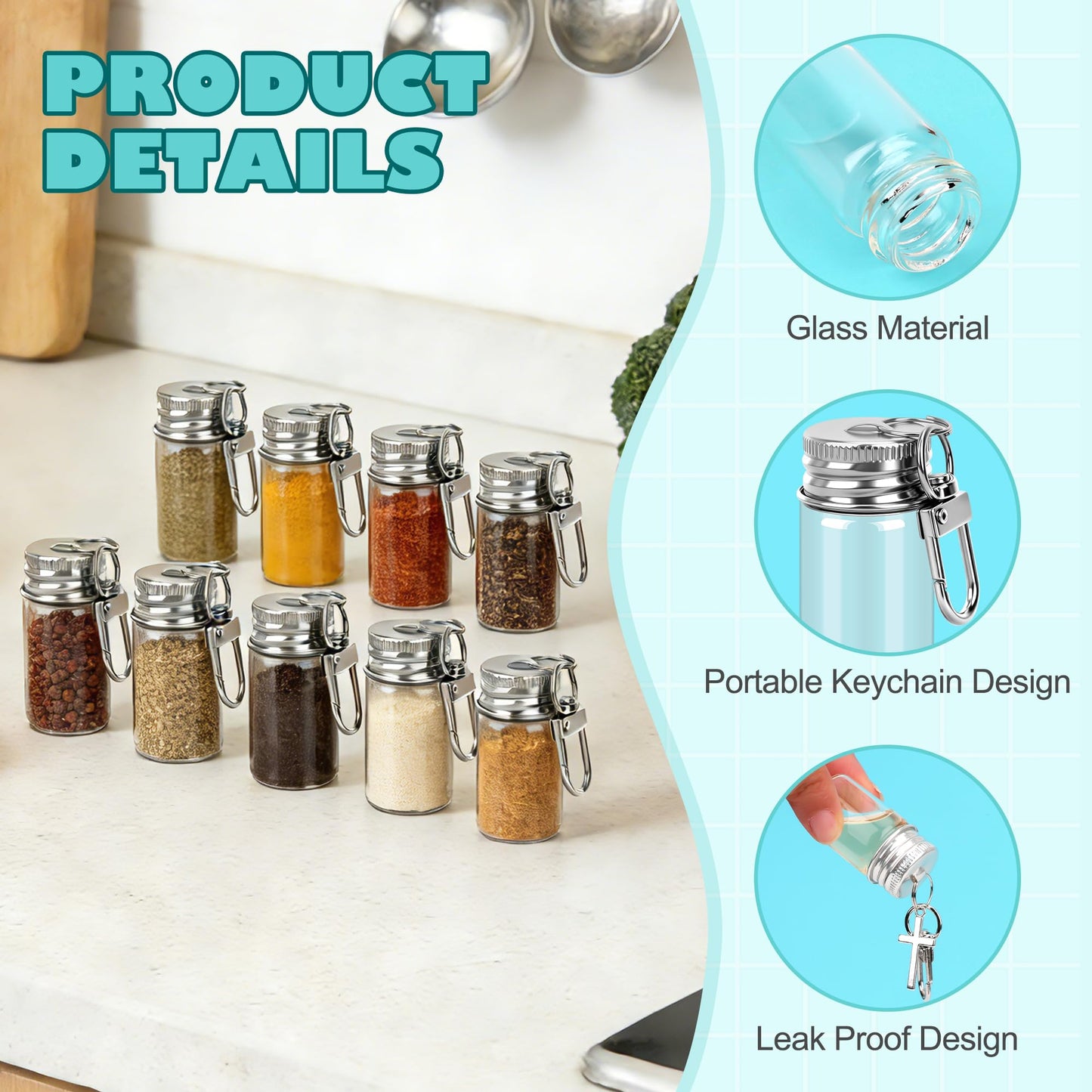 Catcan Mini Spice Keychain Bottles, 32 Pack 7ml Seasoning Keychain with Aluminum Lids & 2 Chains for DIY, Wedding Favors, Travel, BBQ Accessories
