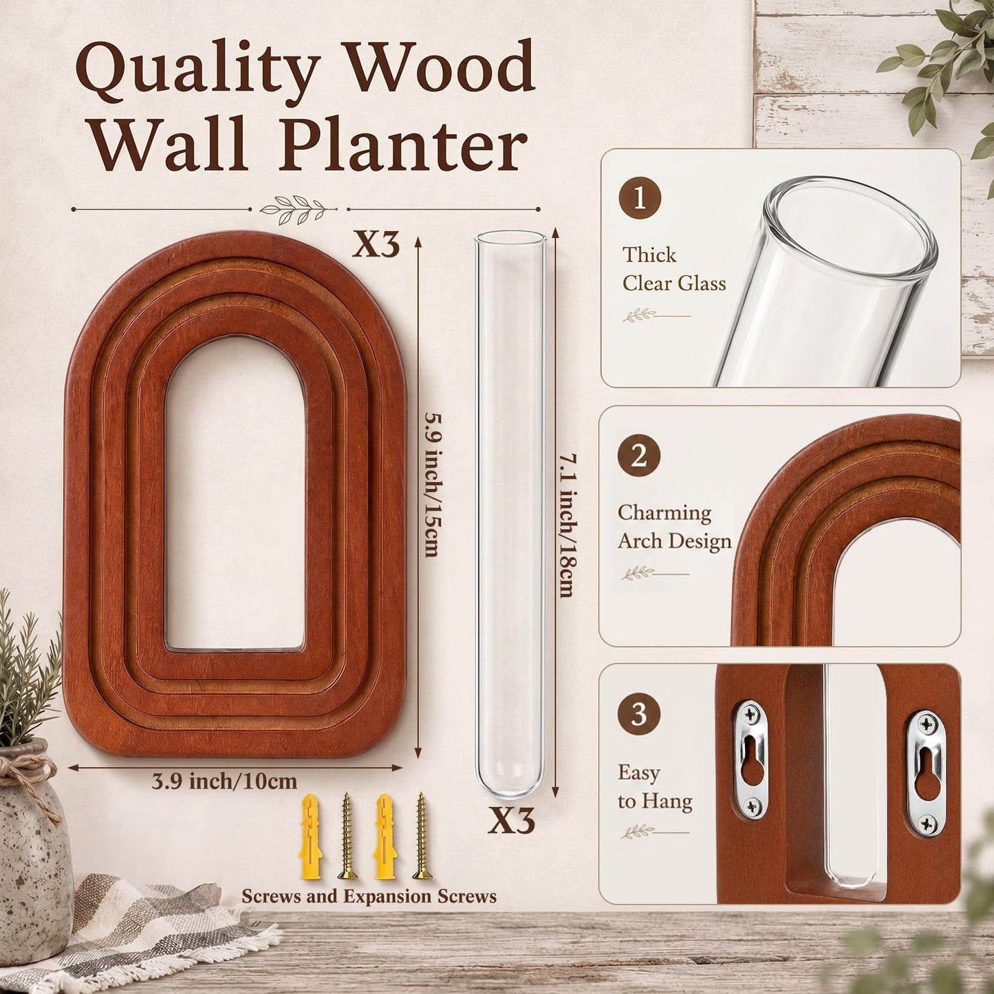Capoda 3 Pack Wood Wall Planter Arch Propagation Station Wooden Hanging Vase with Glass Tube Boho Rustic Farmhouse Wall Decoration for Indoor Living Room Bedroom Bathroom (Dark Brown)