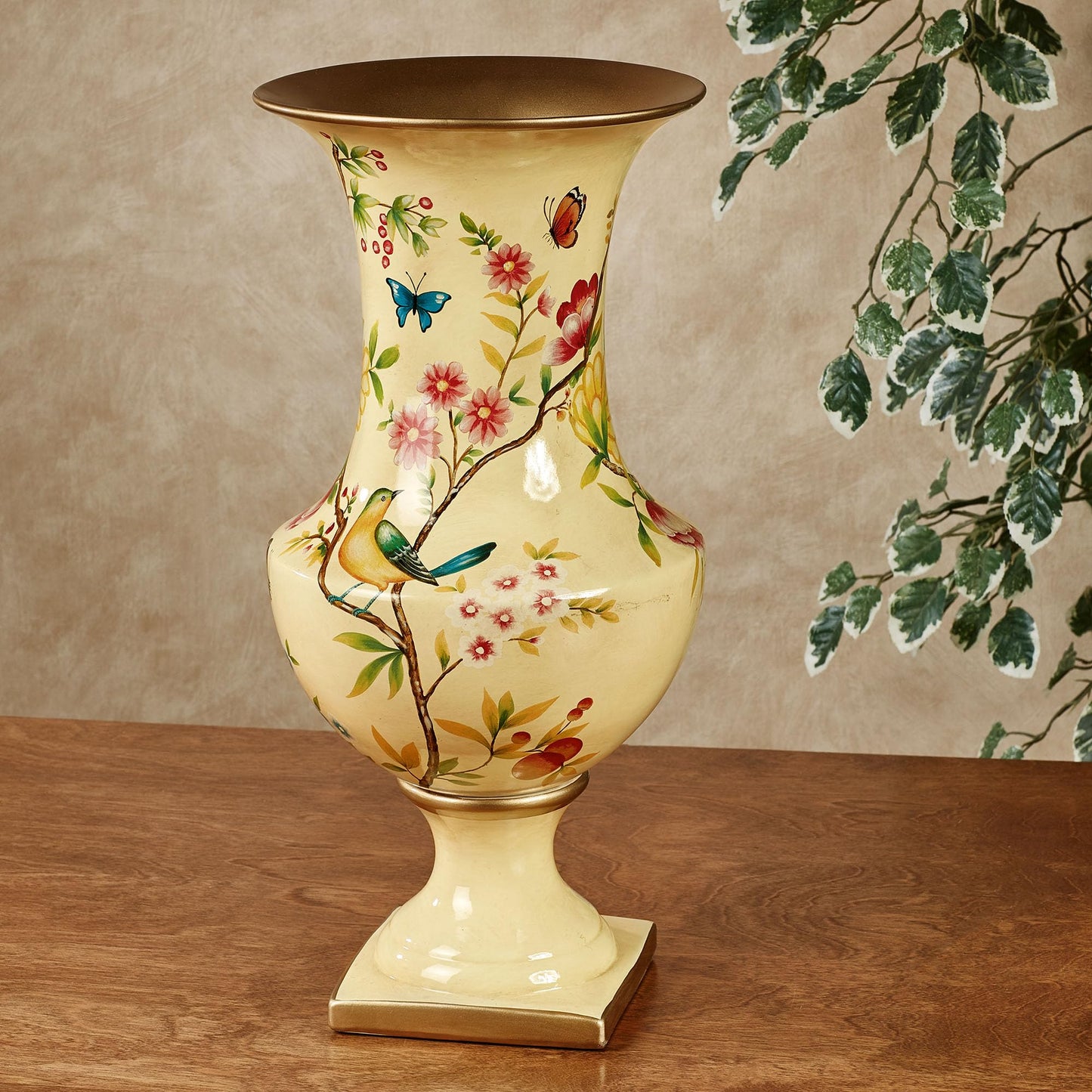 Touch of Class Oriole Vase Light Gold - Ceramic Decor - Painted by Hand - Floral Theme - Butterfly Designs - Decorative Vases for Living Room, Bedroom, Entryway - Umbrella Stand for Foyer