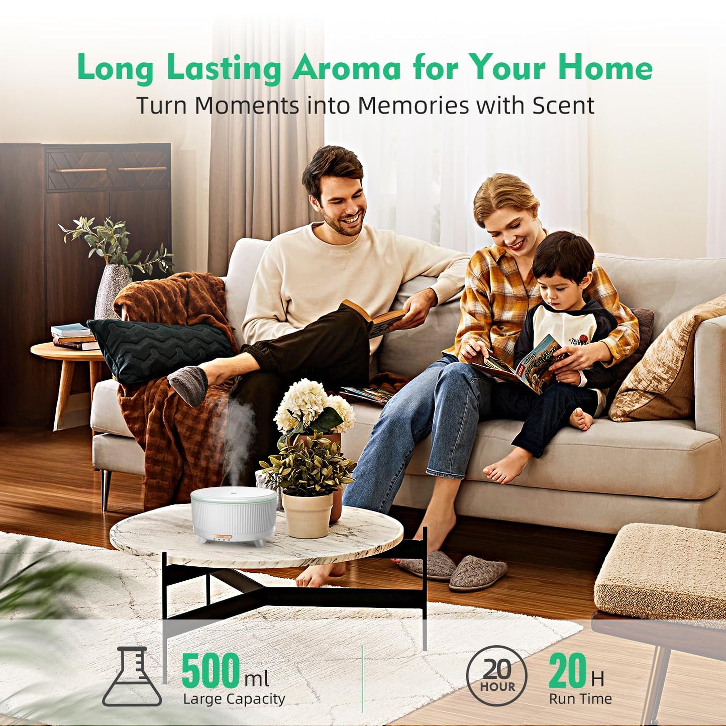 YOUENKITY 20-Hour Long-Lasting Aromatherapy, 500ML Large Essential Oil Diffuser: Ultrasonic Cool Mist Humidifier with Remote Control, 7 Color Lights, Timer, Auto-Off for Home/Bedroom/Yoga (White)