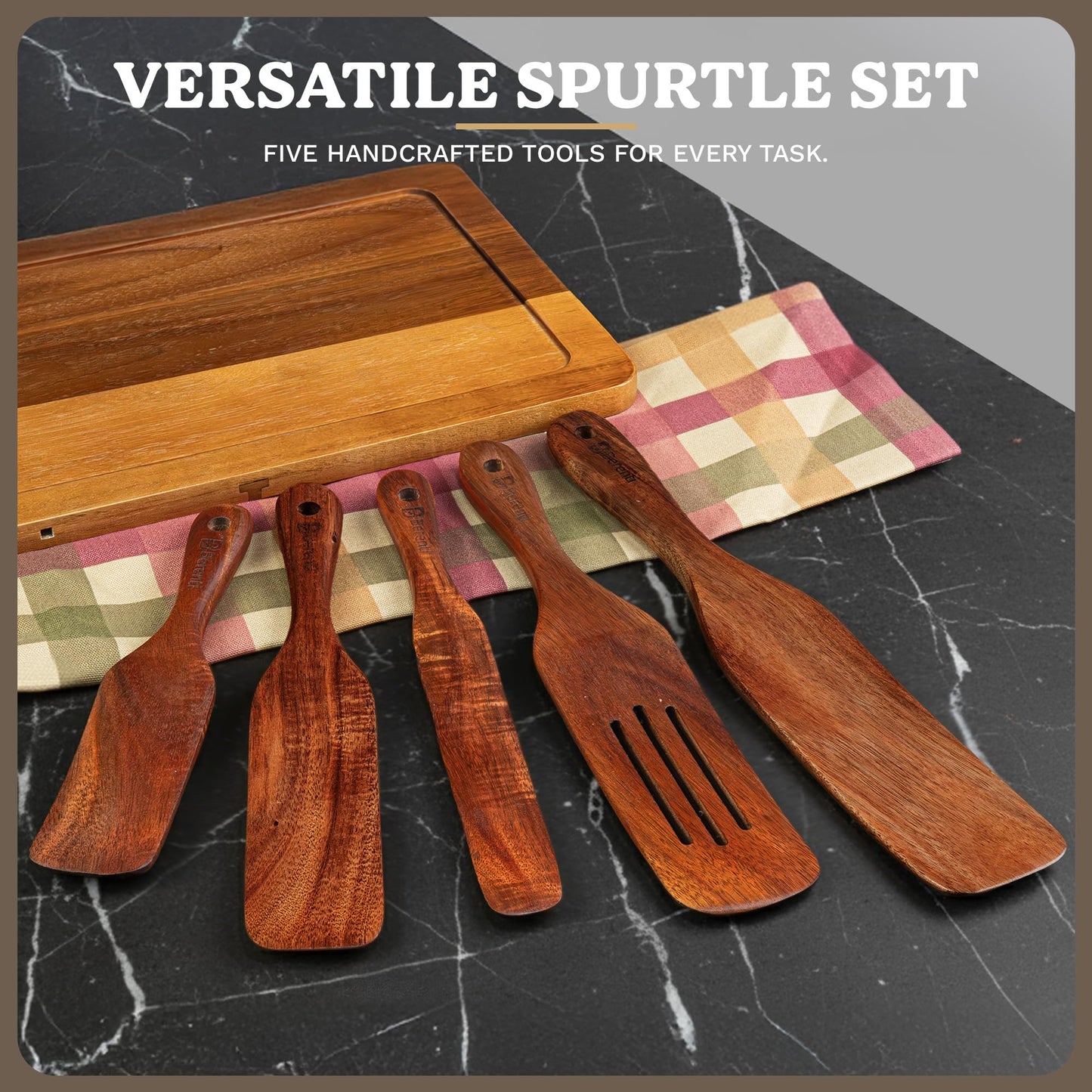 5-Pieces Wooden Spurtle Set – Acacia Wood Kitchen Tools for Cooking, Mixing & Stirring – Non-Stick Safe Spurtle Spatula Set