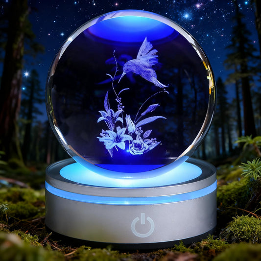 POSSHE Hummingbird Gifts, 3D Hummingbird 3.15 Inch (80mm) Crystal Ball Lamp with Battery Powered, RGB Color Light for Birthday Xmas Cool Upgraded Bird Figurines Gifts for Room Decor Boys Girls