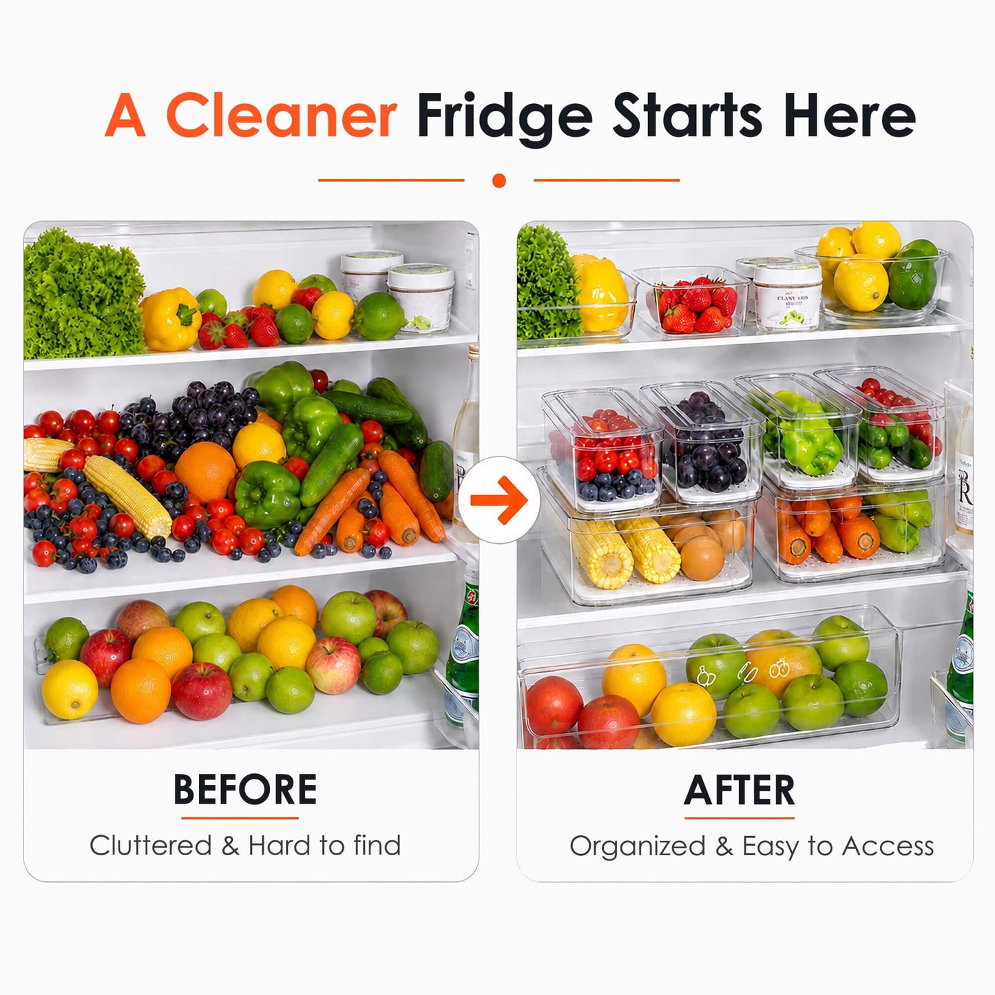 SMRCAD Fridge Organizers and Storage, 6 Pack Clear Freezer Organizer Bins with Lids for Kitchen, Pantry, Refrigerator, Food, Fruit, Vegetable Storage