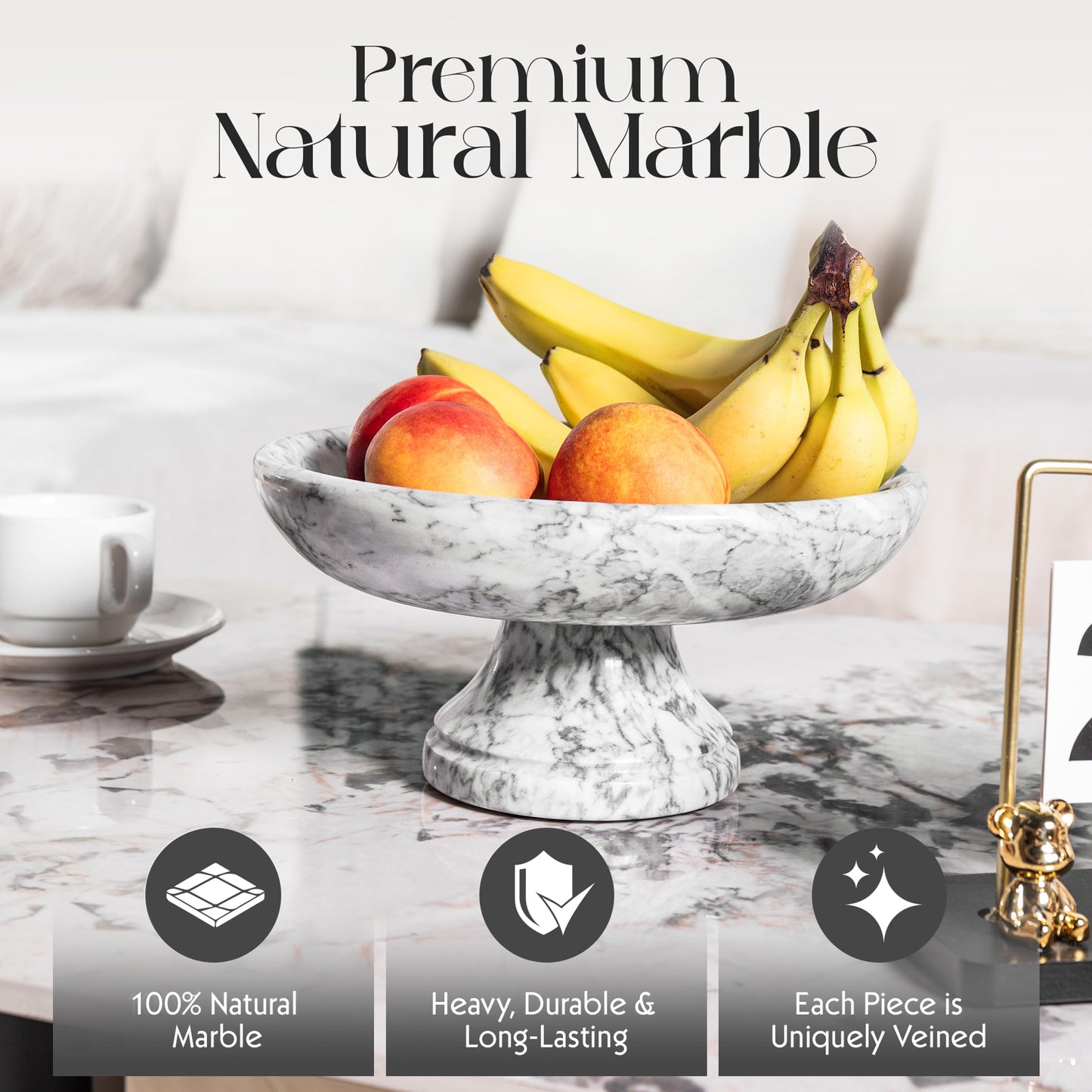 Shorken Marble Fruit Bowl with Anti-Slip Pads, Decorative Footed Marble Bowl for Kitchen Countertop & Dining Table Centerpiece, Large Decorative Bowl, White, 9.8 in