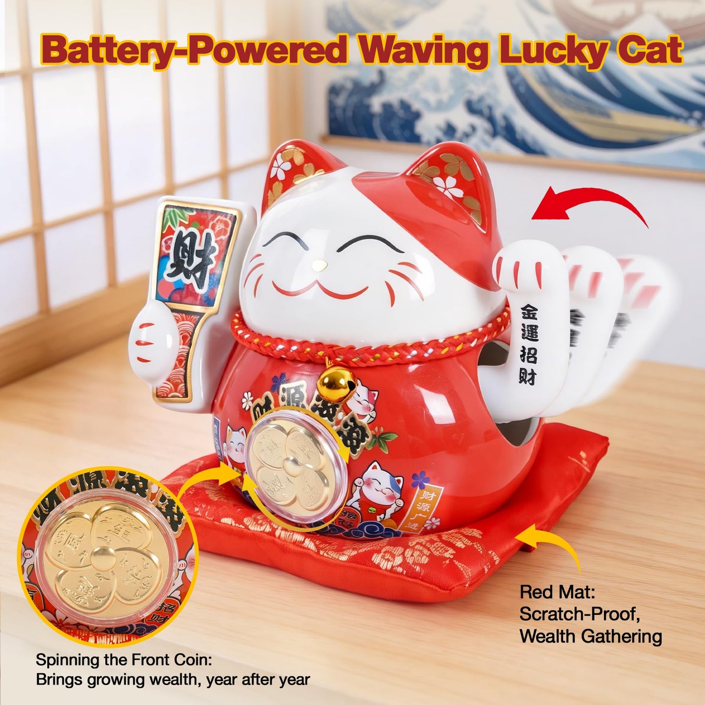 TopFato Lucky Cat Waving Arm 5 Inch Battery Operated, Good Lucky Fortune Cat Maneki Neko Chinese Cat Statue Moving Arm, Waving Cat Decorations for Home,Office, Shop,Desk, Car, Business Openings