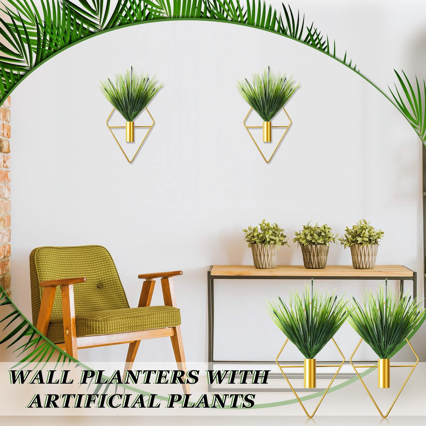 Canlierr 2 Pieces Gold Wall Decor Hanging Planters with Artificial Plants Metal Vase Indoor Plants Holder Modern Geometric Wall Art for Home Bathroom Bedroom Living Room Office(Aquatic Plant,Small)