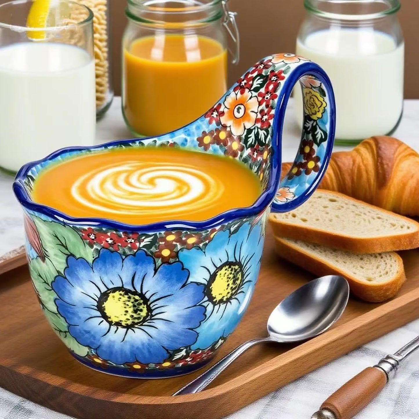 OZY Handpainted Soup Bowl with Handle,Ceramic Cereal Bowl Great for Soup, Ice cream, Fruits,Snack,Microwave &Dishwasher Safe (Dark Blue)