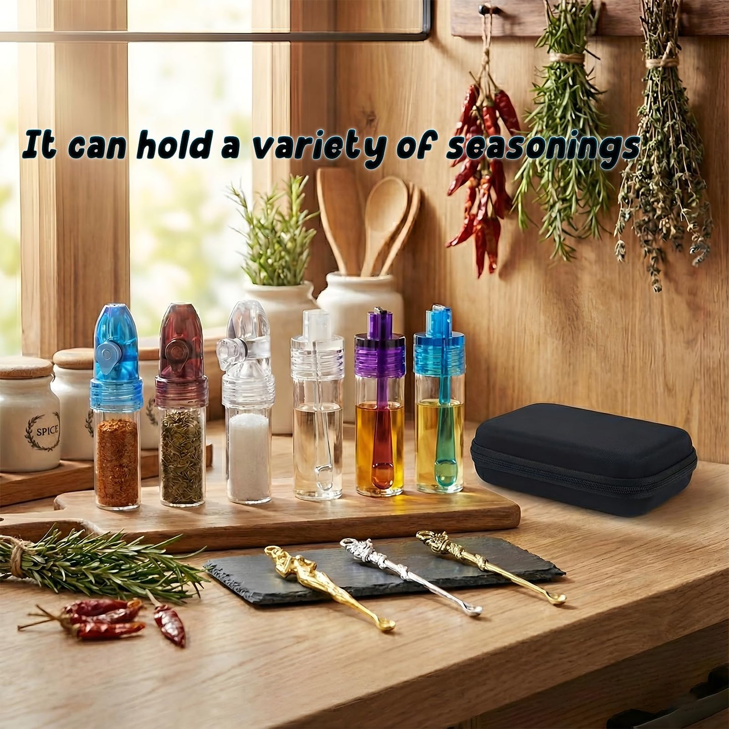 Molybdix Portable Spice Dispenser, 15 Pack Camping Seasoning Container Kit, Travel Spice Container Set with Metal Bottles, Spoons, Funnels, Brush and Case for Camping, BBQ, Hiking and Picnic Cooking