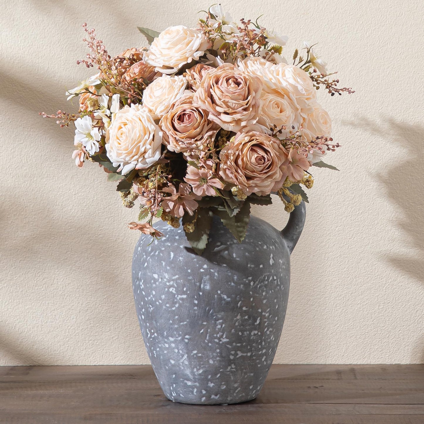 Ceramic Decorative Flower Vase with Handle, 8.85 Inch Pottery Rustic Farmhouse Vase for Home Decor, Living Room, Shelf Decor, Wedding, Housewarming Gift