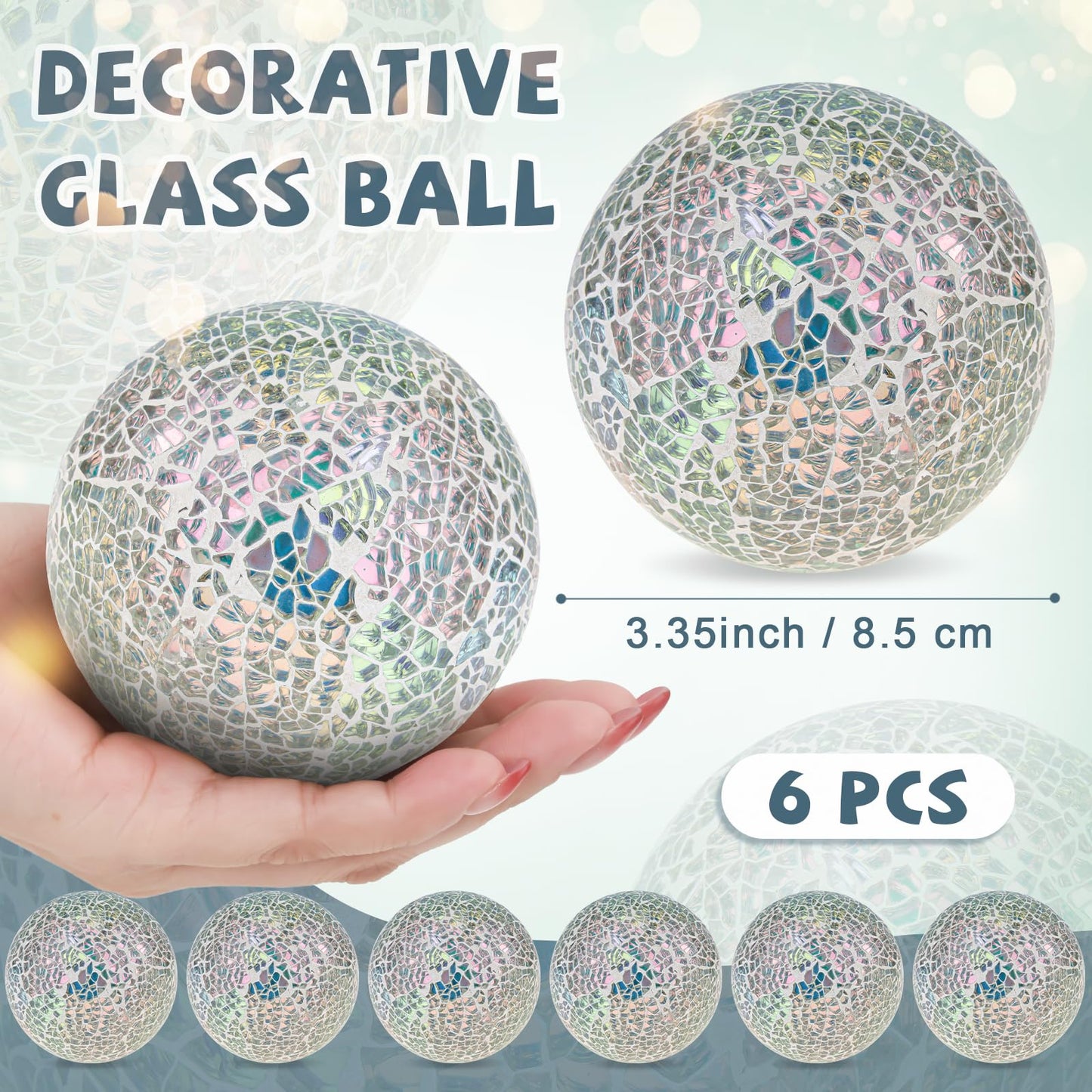 Folmywy 6 Pcs Silver Decorative Ball for Bowls 3.35inch Mosaic Glass Sphere
