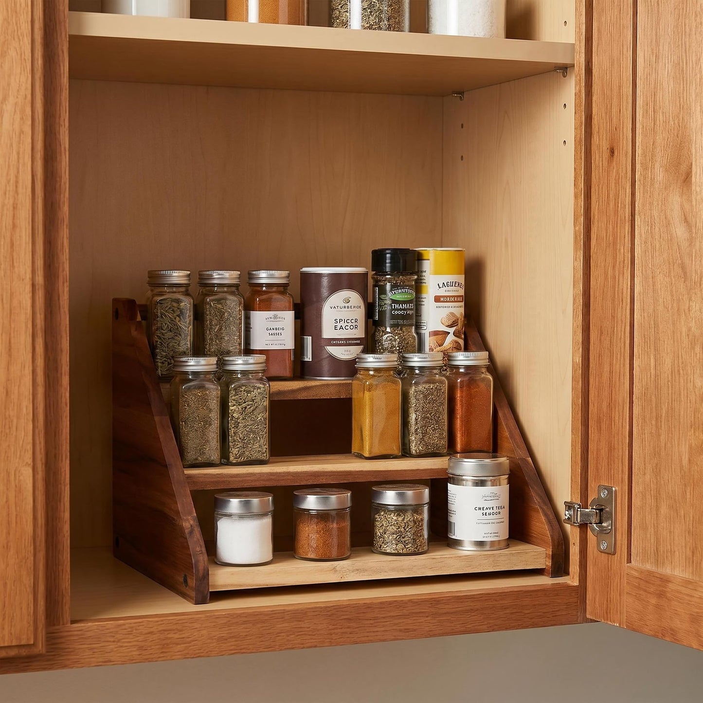 Ninebendstreams Acacia Wooden Spice Rack Organizer for Cabinet Wood Spice Shelf Organizer for Kitchen Pantry Storage Organizer 3 Tier Countertop