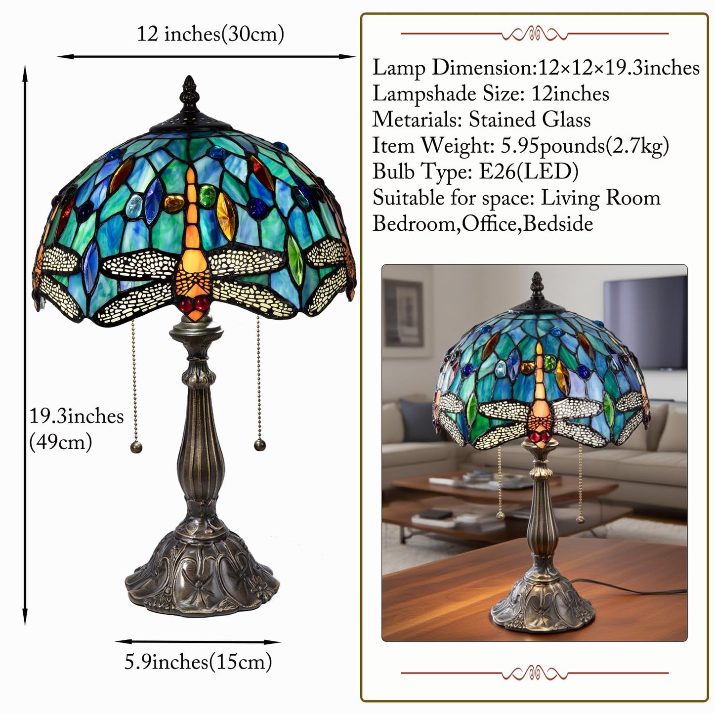 Radtiff Tiffany Table Lamp,12 inch Stained Glass Style Dragonfly Antique Reading Light for Bedside Living Room Office Decor Home,Included Two LED Bulb