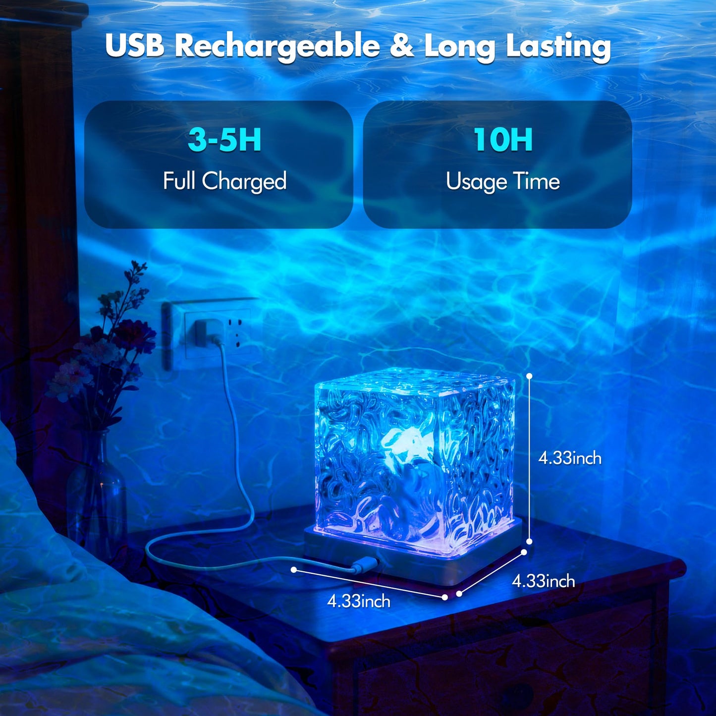 Loscarol Shower Light No Wiring, Rechargeable 16 Color Ocean Wave Projector Light, Dimmable Waterproof Shower Lamp with Remote, Ocean Lamp for Shower, Bathroom Night Light, Birthday Gifts for Girl