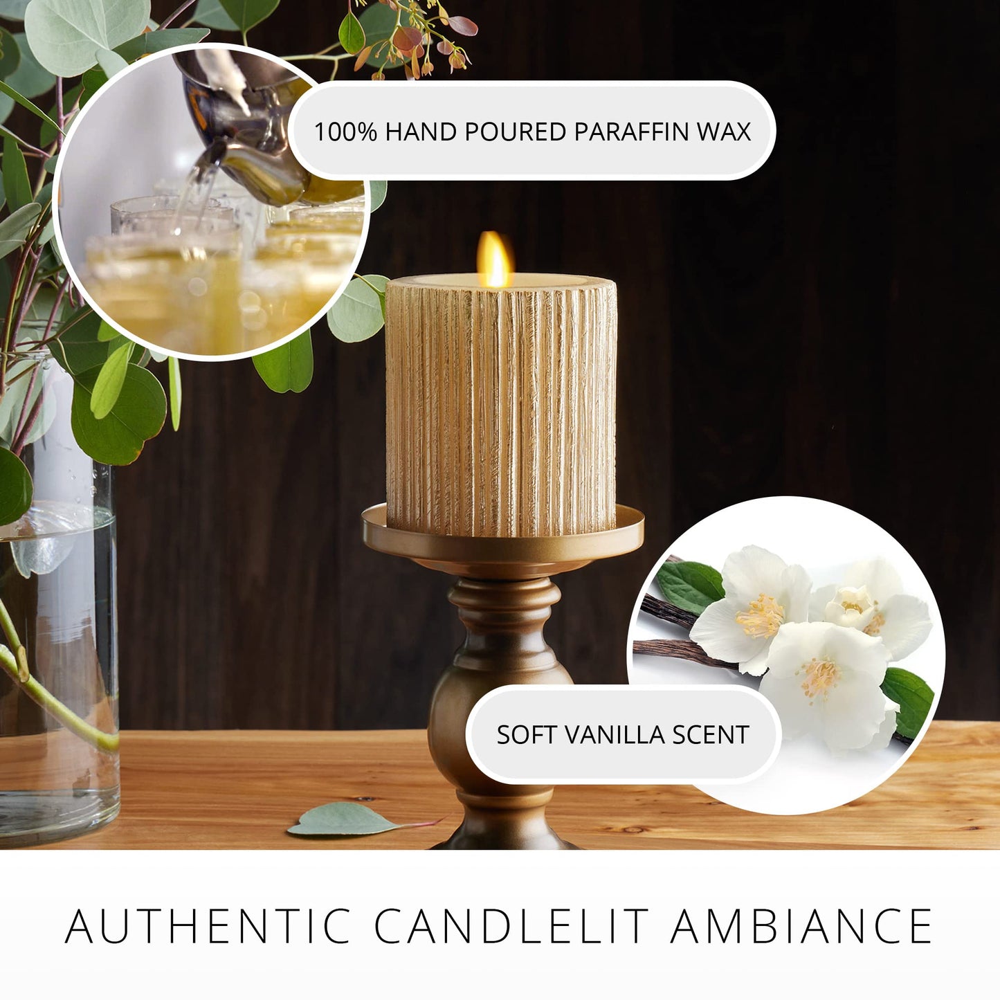Luminara Metallic Embossed Pillar, Champagne Flameless LED Candle 3.25" x 4.5", Battery Operated Real Flame Technology w/Timer Function, Paraffin Wax