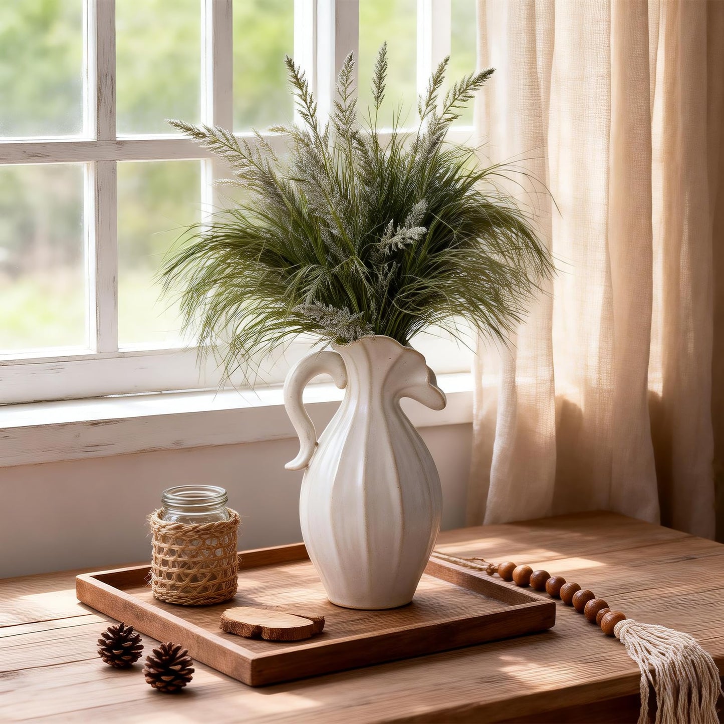 Evaithou Ceramic Pitcher Vase, 7.7" Cream White Reactive Glaze